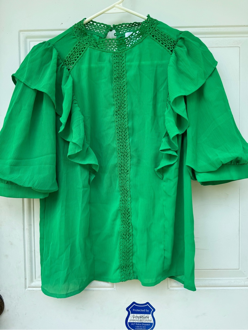 Women's Green Ruffle Crochet-Trim Blouse